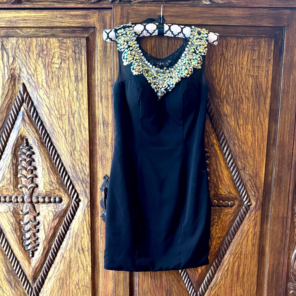 Hannah Black Dress with Colorful Embellished Neckline